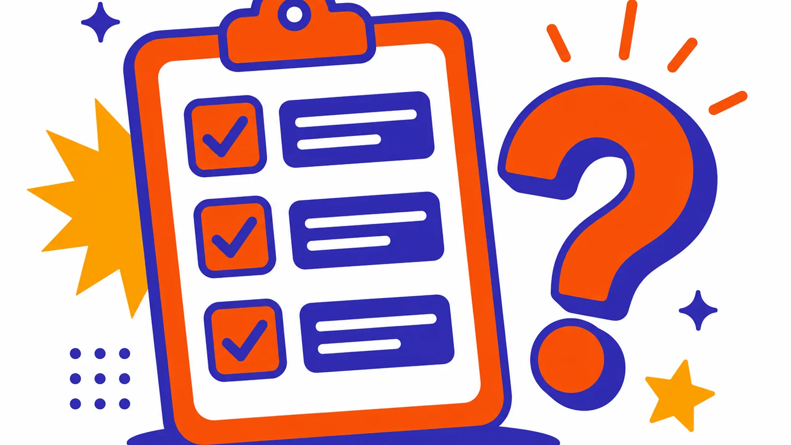 An illustrated clipboard with three checked-off items next to a bold question mark, representing the pre-purchase checklist you should run before signing an AI SEO contract
