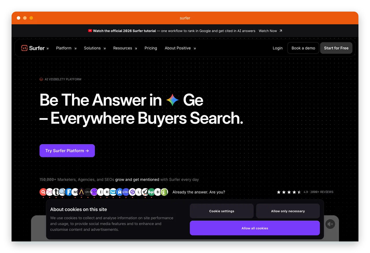 Surfer SEO content editor with real-time content score and AI tracker panel